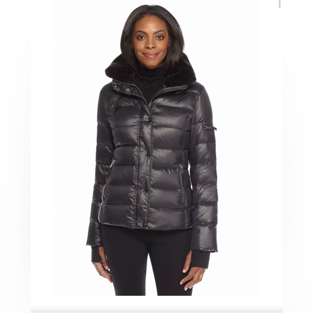 S13/NYC Mercer Puffer Coat with retractable Hood and Fur Trim Black Medium